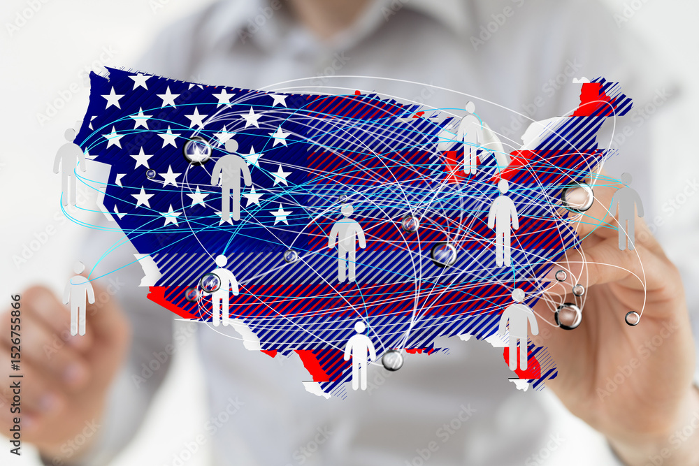 Poster stock photo of a network map overlaid on the usa, symbolizing connection and communication.