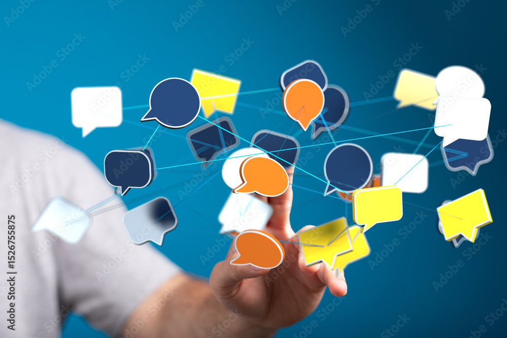 Aufkleber Hand interacts with a network of speech bubbles, symbolizing global communication and connection.