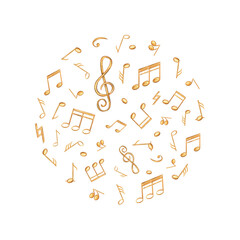 Golden yellow musical notes arranged in circular watercolor composition. Golden sound symbols illustration isolated background. Audio element for concert posters, and festive holiday decorations.