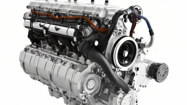 A detailed shot of an engine on a clean white background.