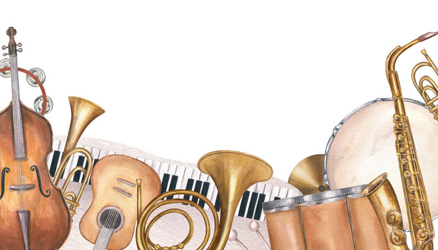 Watercolor musical border with guitar, saxophone, piano, and other instruments isolated background. Rectangle frame with copy space for text. For summer music festival poster, outdoor concert program