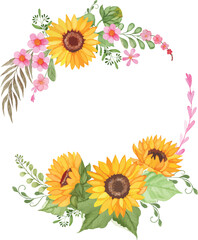 Watercolor sunflowers Vector Floral wreath illustration