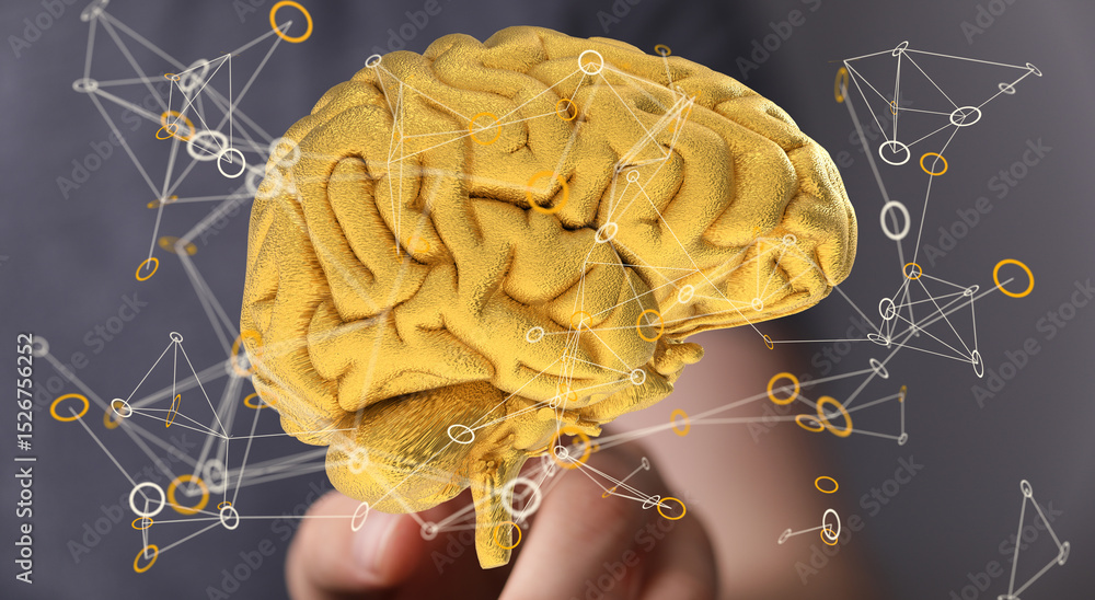 Aufkleber Abstract image of a golden brain with interconnected nodes, representing neural networks and intelligence.