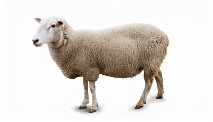Naklejka premium Domestic Sheep, Fluffy Wool, Farm Animal, White Background, Isolated Image, Grazing Animal, Fleece, 
