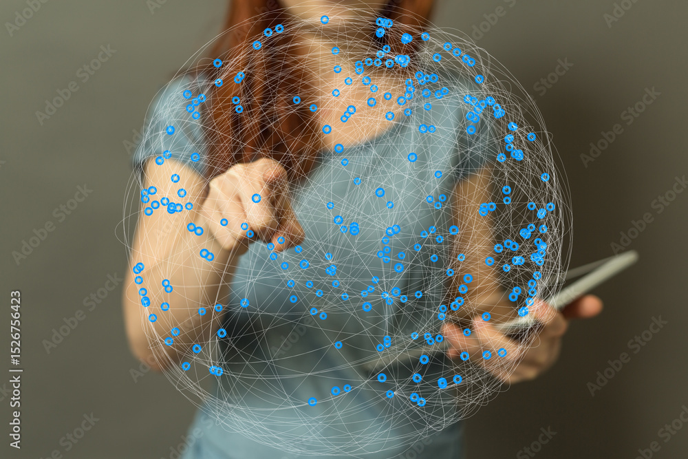 Poster Female using tablet, interacting with a digital global network visualization. Technology concept.