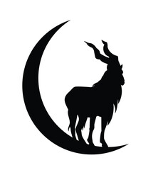 screw horn mountain goat markhor black and white vector silhouette design - majestic animal standing on stylized moon crescent