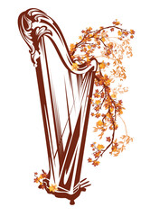 autumn season vector design for outdoors classical music concert with antique harp musical instrument among falling leaves and tree branches