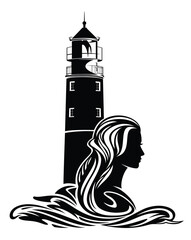 black and white vector silhouette portrait of beautiful fairy tale mermaid woman with long gorgeous hair among sea waves by lighthouse