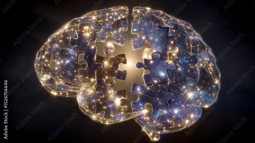 Aufkleber human brain puzzle intricate mind complex thoughts illuminated connections glowing net