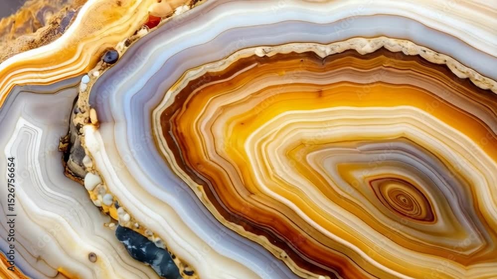 Poster cross section of an agate stone with concentric layers of yellow, brown, white and grey in a texture