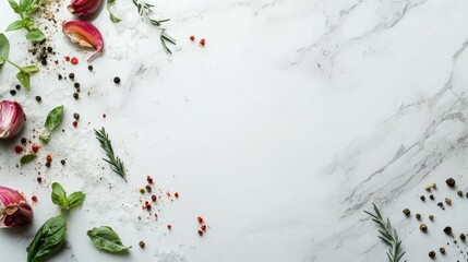Seasoning and Herbs on Marble Background