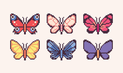 Butterflies and moth collection. Insects pixel art set.  8 bit sprite. Game development, mobile app. Isolated vector illustration.	