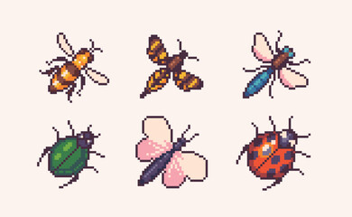 Insects pixel art set. Bugs and beetles collection. 8 bit sprite. Game development, mobile app. Isolated vector illustration.	