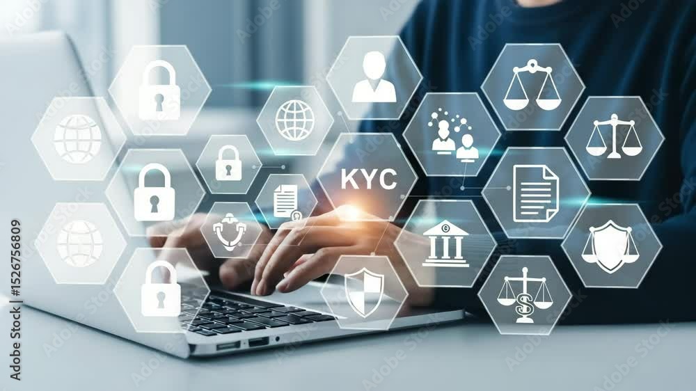 Poster person typing on laptop with kyc and security icons overlaid on the screen in a bright setting