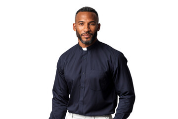 Male pastor in clerical clothing standing against a transparent background, representing faith, leadership, and spiritual guidance
