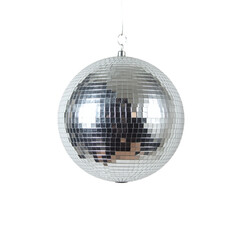 Silver disco ball on black background. Perfect for party, dance, and music themed projects. Ideal for websites, posters, and social media.