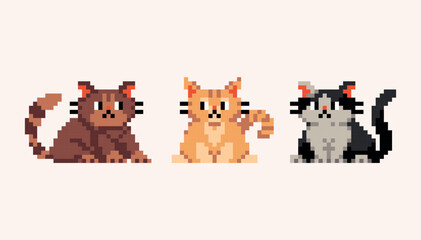Different colors cats pixel art icon set. Kitty breeds logo collection. 8-bit sprite. Game development, mobile app. Isolated vector illustration.	