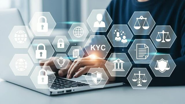 Person typing on laptop with kyc and security icons overlaid on the screen in a bright setting