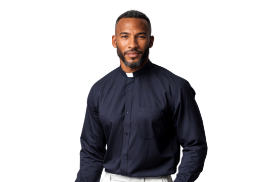 Male pastor in clerical clothing standing against a transparent background, representing faith, leadership, and spiritual guidance