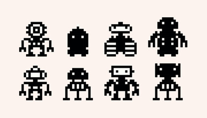 Robot toys pixel art set. Android bot cute collection. Futuristic mechanical cyborg 8 bit. Game development, mobile app. Isolated vector illustration.	