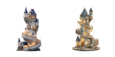 Enchanting Castle with Spiral Staircase and Tower Enshrouded in Magic