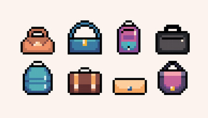 Bags and backpack pixel art set. Fashion accessory, 8 bit. Game development, mobile app. Isolated vector illustration.