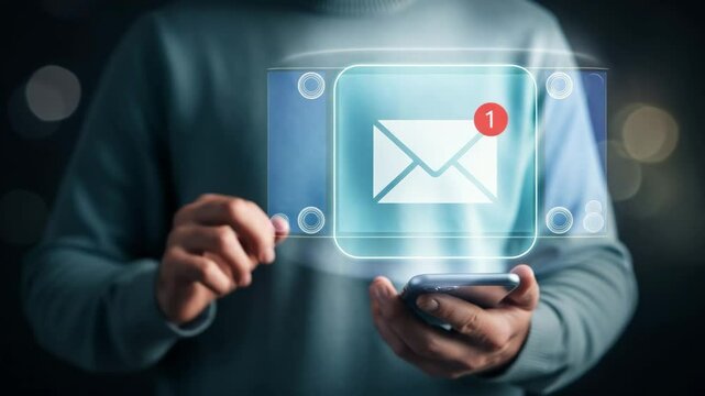 Person holding phone with email notification icon and finger pointing at the icon in the dark