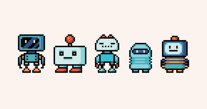 Robot toys pixel art set. Android bot cute collection. Futuristic mechanical cyborg 8 bit. Game development, mobile app. Isolated vector illustration.	