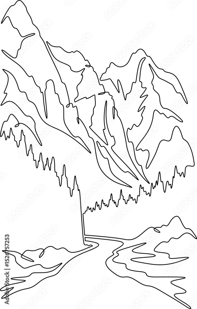 Poster continuous one line drawing road leading to beautiful mountains. mountain highway. road going up. on