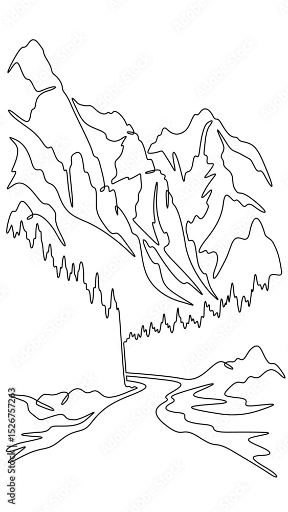 Poster continuous one line drawing road leading to beautiful mountains. mountain highway. road going up. on