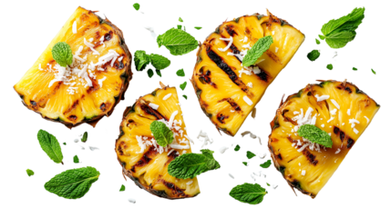Flat lay of grilled pineapple slices with mint and coconut flakes png 