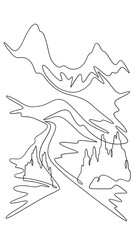 Continuous one line drawing  road leading to beautiful mountains. Mountain highway. Road going up. One continuous line isolated minimal vertical illustration.Not AI.