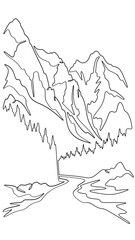 Continuous one line drawing  road leading to beautiful mountains. Mountain highway. Road going up. One continuous line isolated minimal vertical illustration.Not AI.