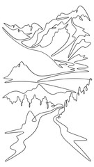Continuous one line drawing  road leading to beautiful mountains. Mountain highway. Road going up. One continuous line isolated minimal vertical illustration.Not AI.