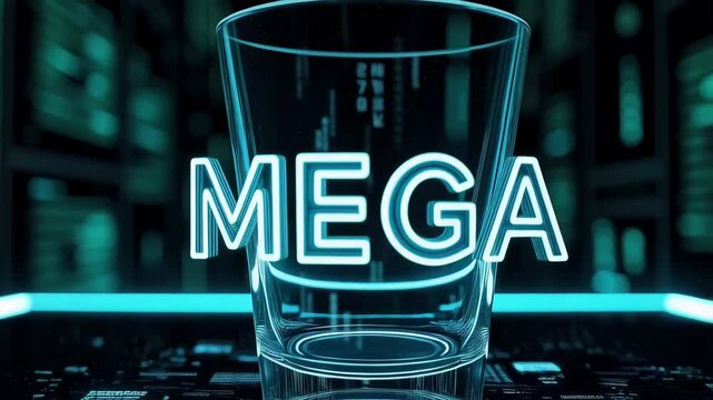 A glowing, neon-blue &ldquo;MEGA&rdquo; text stands within a glass cylinder, set against a digital, green matrix background. It evokes a futuristic, tech aesthetic