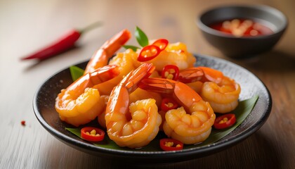 Macro shot of crispy deep-fried prawns coated in roasted chili and sea salt, glistening with oil.