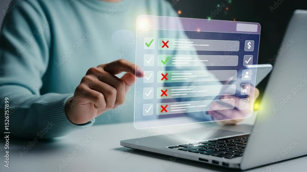 Poster Person using a laptop and phone with a digital checklist interface displayed on the screen
