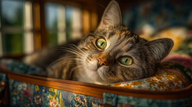 Tabby cat with green eyes resting inside soft suitcase by window soft light and cozy textures create calm mood cat and suitcase repeat travel pause concept