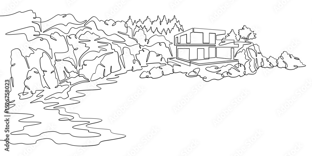 Poster continuous one line drawing modern house on a cliff.house on the shore.seascape.rocky coast.one cont