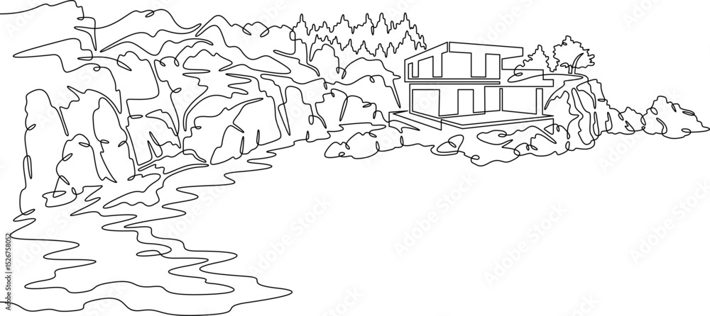 Poster continuous one line drawing modern house on a cliff.house on the shore.seascape.rocky coast.one cont