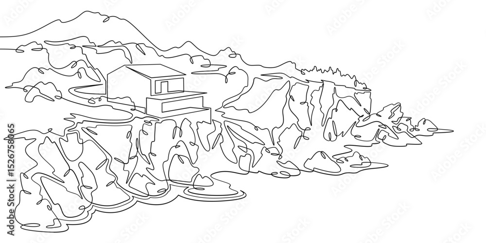 Poster continuous one line drawing modern house on a cliff.house on the shore.seascape.rocky coast.one cont