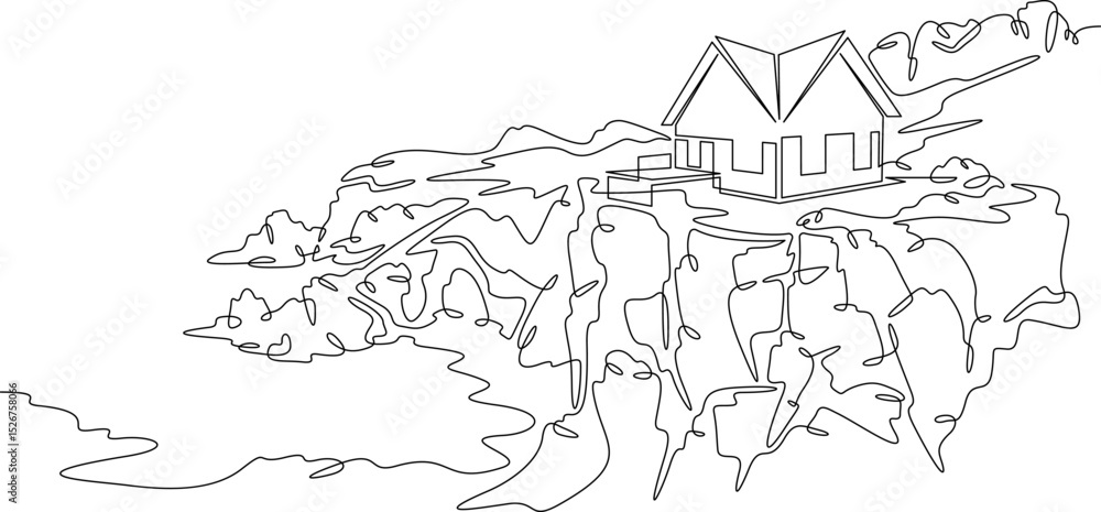 Aufkleber continuous one line drawing modern house on a cliff.house on the shore.seascape.rocky coast.one cont