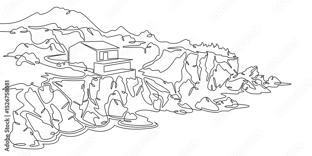 Poster continuous one line drawing modern house on a cliff.house on the shore.seascape.rocky coast.one cont