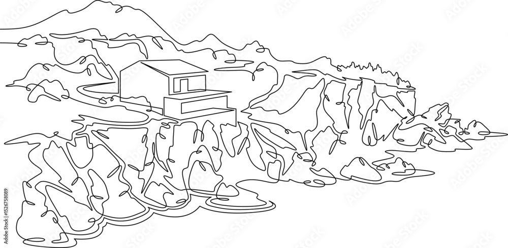 Poster continuous one line drawing modern house on a cliff.house on the shore.seascape.rocky coast.one cont