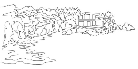 Continuous one line drawing Modern house on a cliff.House on the shore.Seascape.Rocky coast.One continuous line isolated minimal illustration.Not AI.