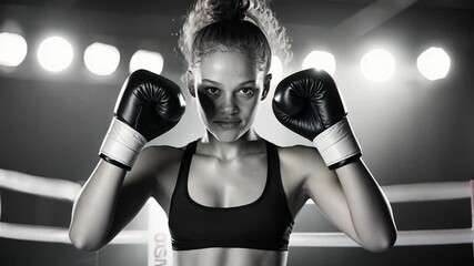 Female boxer in boxing ring ready to fight training for sports competition - Powered by Adobe
