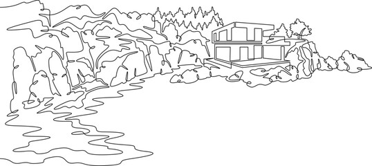 Fototapeta premium Continuous one line drawing Modern house on a cliff.House on the shore.Seascape.Rocky coast.One continuous line isolated minimal illustration.Not AI.