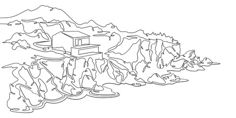 Continuous one line drawing Modern house on a cliff.House on the shore.Seascape.Rocky coast.One continuous line isolated minimal illustration.Not AI.