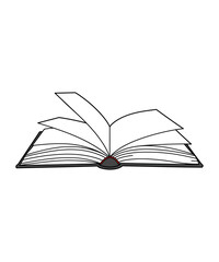 Open book with pages curled, black outline, white background, simple illustration