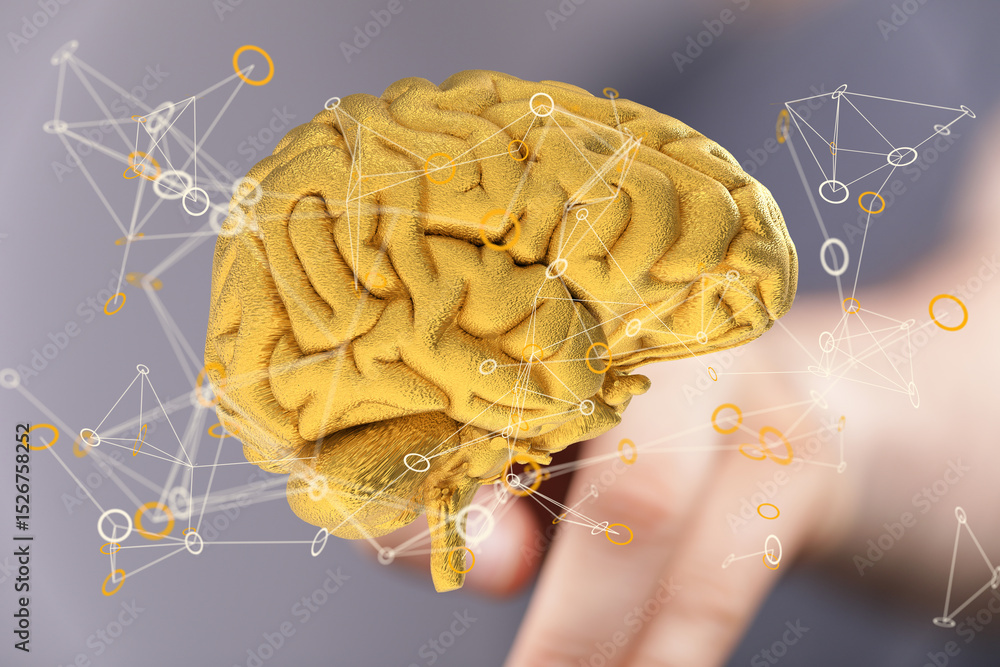 Poster 3d golden brain model with glowing neural network connections. perfect for ai, technology, and neuro